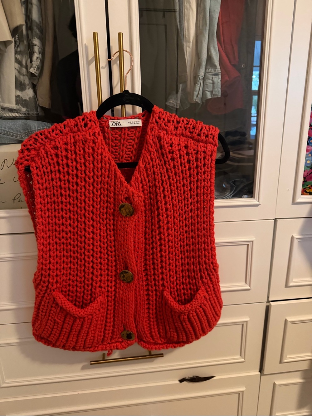 Zara Bright Red Chunky V‑Neck Button Sweater Vest